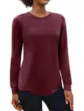 PINSPARK Sportshirt Damen Sport Tshirt Rundhals Funktionsshirt Langarm Sport Oberteile Sport Top Fitness Atmungsaktiv Shirts Winter Weinrot L