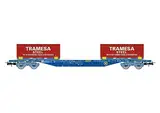 RENFE MMC3 Container-Flachwagen, beladen mit zwei Tramesa-Containern, blaue Lackierung, (2 x 20’-Container), Periode VI