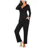 Damen Stillpyjama Lang Umstands Zweiteiliger Schlafanzug Stillschlafanzug Baumwolle Umstandspyjama Langarm Umstandsmode Winter Hausanzug für Schwangerschaft Pyjama Set Stillfunktion (Black, XL)