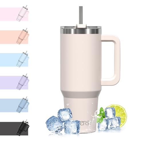 WATERSY 40oz Kaffeebecher to Go Thermobecher Doppelwandiger Edelstahl Vakuum Auslaufsicher Trinkbecher mit Griff und Strohhalm, Tragbare Autobecher Thermo Tumbler Hellbeige für Kalte Heiße Getränke