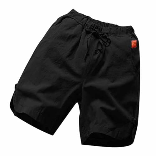 QWUVEDS Herren Casual Shorts Baumwolle Leinen Slim Herren Viertelhose Leinen Strandhose Lose Trainingshose Protektoren Shorts Herren Radhose Herren Kurze Hosen Herren Sport (Black, XL)