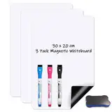 3 Stück Kleines Magnetisches Whiteboard für Kühlschrank, 30x20 cm Mini Magnettafel White Board für Küche, Whiteboard Folie für Familie Menü, A4 Magnetfolie Schreib tafel & 3 Stifte 1 Schwamm