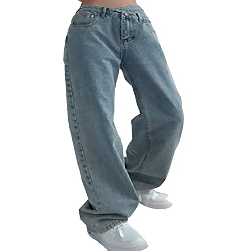 Baggy Jeans Mädchen, Jeanshose High Waist E-Girl Denim Hose Straight Leg Lose Jeans Pant Aged-Waschung Fashion Freizeithosen Komfort Lange Lässiger Hose Streetwear Teenager Mädchen