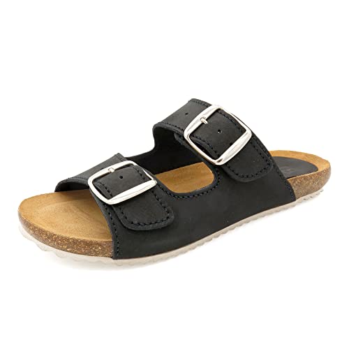 Casual Damen Pantoletten Nubuk Leder Sandalen mit Echtleder Fußbett & Korksohle Korkschuhe Gel gepolstert black Schwarz Größe 41 EU