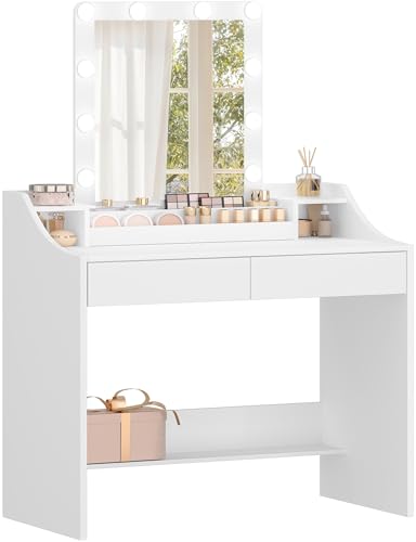 Hzuaneri Schminktisch mit LED-Beleuchtung, Einstellbare Helligkeit, Schminktisch mit Spiegel, mit 2 Schubladen und 3 Offenen Fächern, Modern, Weiß DT40703X