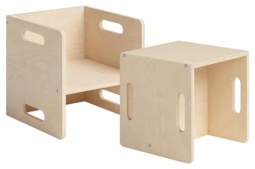 Bellabino AKI Wendehocker 2er Set Birke Natur, Sitzhocker Kinderzimmer 180 Grad drehbar, Montessori Kinderstuhl Holz mit 3 Sitzhöhen, 2in1 Kinderhocker und Beistelltisch