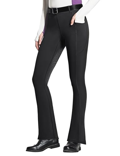 FitsT4 Sports Damen Reithose Bootcut Reitleggings Silikon Vollbesatz Schlaghose Reithose mit Handytasche und Gürtelschlaufen für Reitsport Pferdetraining Reitturnier,Schwarz,L