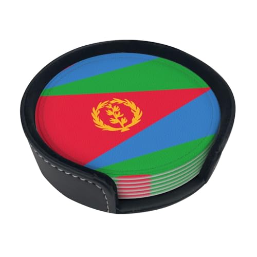 Untersetzer mit eritreischer Flagge, 10 cm, rund, nicht verbrühendes Leder, mit Aufbewahrungsbox, für Restaurant, Küche, Büro, Einweihungsgeschenk, 6 Stück