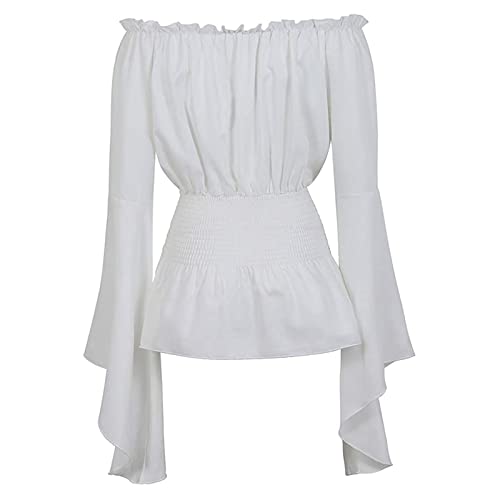 2025 Damen Elegantes Top Langarm Boho Bluse Top Plus Size Shirt Gothic Rüschen Piratenrock Shirt Cosplay Kostüm Tops T Shirt Damen M (White, M)