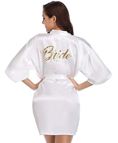 Vlazom Morgenmantel für Hochzeit Satin Kimono Badmantel für Braut&Brautjungfern V-Ausschnitt Damen Robe mit Gürtel(S,Weiß für Braut)