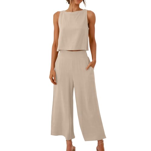 Angebote des Tages Heute,Zweiteiler Damen Elegant Sommer Musselin Bluse und Hose, Aesthetic Lounge Set Baumwolle Sportanzug Oversize Freizeitanzug Ärmellos Y2K Clothes Outfit Sportanzug Hosenanzug