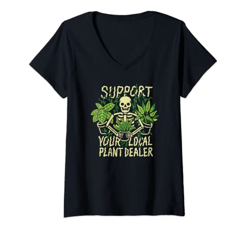 Damen Unterstützen Sie Ihren lokalen Pflanzenhändler, lustiges Skelett T-Shirt mit V-Ausschnitt