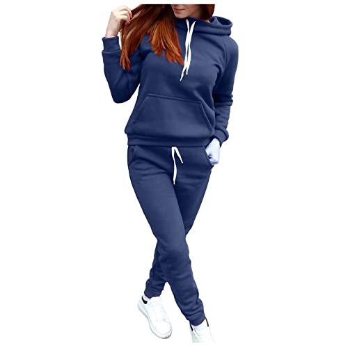 XIADUOBAAN Trainingsanzug Damen Mit Kapuze Outdoor 2 Teiler Jogginganzug Damen Winter Warm Mit Taschen Fleece Sweatshirt Jogginghose Damen Langarm Lang Freizeitanzug Kapuzenpullover Damen Einfarbig