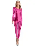 Aiihoo Damen Body Metallic Ganzkörperanzug Langarm Turnanzug Einteiler Overall Jumpsuit Gymnastikanzug Disco Tanzkostüm Karneval Fasching Kostüme A Hot Pink S