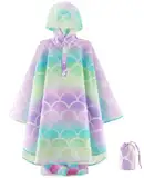 WAWSAM Mädchen Regenmantel Leichte Kinder Regenjacke Wasserdicht Kleinkind Regenponcho mit Kapuze Meerjungfrau Regenbekleidung kleine Mädchen Outdoor Jacken für Schule Wandern Camping