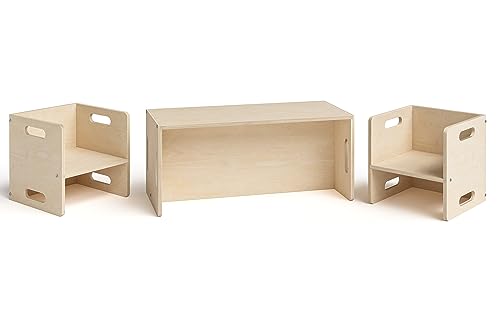 Bellabino Kindersitzgarnitur Aki Kindermöbel Set 3 tlg. Birke Natur, Montessori Wendebank mit 2 Stühlen, multifunktionale Sitzgruppe aus Holz, Kindertisch Kinderstuhl 180 Grad drehbar