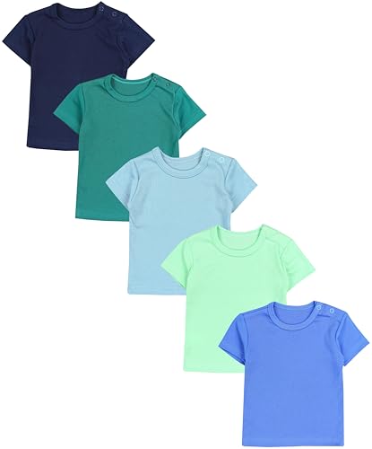 TupTam Baby Jungen Kurzarm T-Shirt mit Aufdruck Unifarben Sterne Streifen 5er Set, Farbe: Dunkelblau Blau Mineralgrün Dunkelgrün Hellgrün, Größe: 98