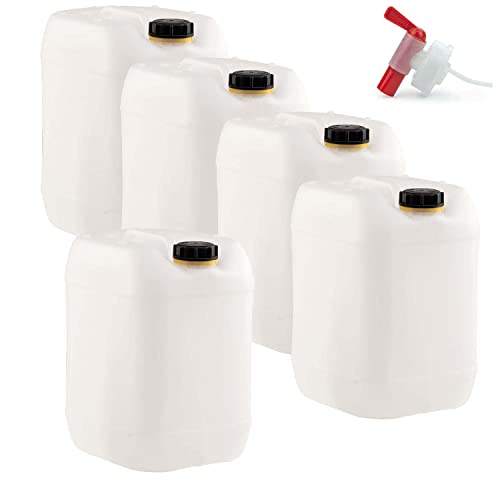 5 x 25 Liter Getränke- und Wasserkanister DIN 61 mit 1 x Ablaufhahn | UN-Zugelassen Lebensmittelecht BPA frei | Gastronomie Gewerbe Camping Wohnwagen | Robuste Qualität aus DE (25 Liter, Natur)