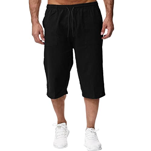 Beokeuioe 3/4 Länge Hosen Kurze Hose Herren Leinen-Shorts Sommerhose Bermuda Sommer Dreiviertel Cargohose Herrenshorts Strand Yoga Jogger Casual Sporthose Mit Taschen