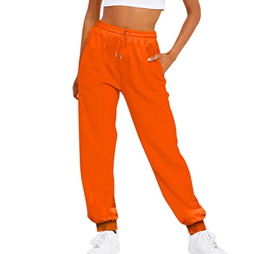 Outdoorhose Hose Hohe Taille Lang Baggy Elegant High Waist Outdoor Hosen Taschen Bequeme Stretch Freizeithosen Weites Bein Täglich Yogahose Elastisch Haremshose Sport Damen Jogginghose (ZjA-Orange, M)