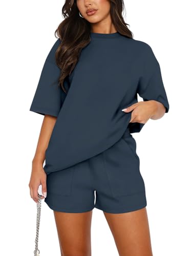 REORIA Damen Tracksuit Kurzarm Rundhalsausschnitt Einfarbig Zweiteiler Hausanzug Loungewear Outfit Jogger Trainingsanzug Set Marineblau L