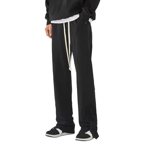 Generisch Elegant Herren Anzughose Beige Arbeitshose Kurz Stretch Einfarbige Sporthose für Herren zum Schnüren, Freizeithose mit Reißverschluss, Sporthose für Herren Taschen Hose Herren (Black, M)