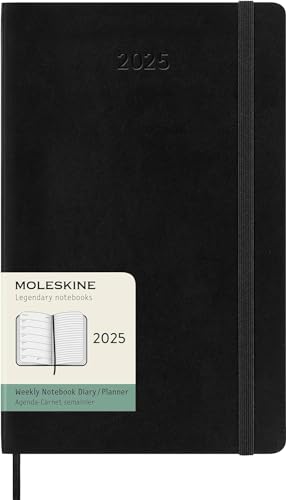 Moleskine Weekly Planner, WochenPlaner mit Platz für Notizen für 12 Monate 2025, Weicher Einband und Elastischer Verschluss, Farbe Schwarz, Großes Format 13x21 cm