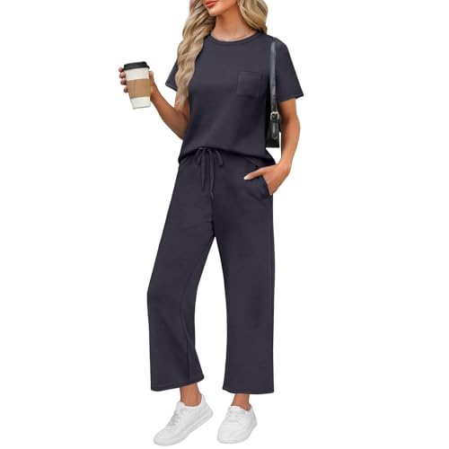 DHYUEN Sommer Outfit Damen Frühling Atmungsaktive Kurzarm Und Hose Knitterfreies Reise Outfit Lässig Fitnessanzug Lounge Set Baggy Sommer Zweiteiler Damen Tshirt Und Shorts(2-Navy,XXL)
