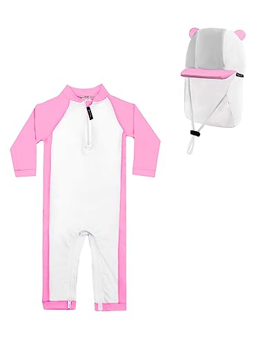 weVSwe Baby Badeanzug Rash Guard UPF Sonnenschutz Langarm Säugling Sonnenhut Verstellbare Schnur Rosa Bär 2 Jahre