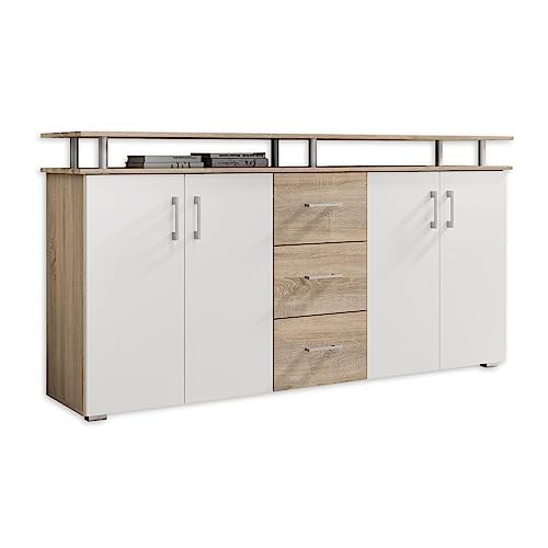 Stella Trading Highboard mit Ablage in Eiche Sonoma Optik, Weiß - Moderner Wohnzimmerschrank mit Schubladen und viel Stauraum für Ihren Wohnbereich - 178 x 90 x 38 cm (B/H/T)