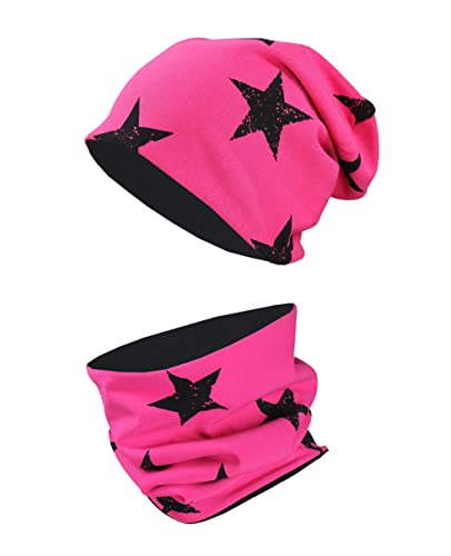 TupTam Unisex Kinder Beanie Mütze Schlauchschal Set, Farbe: Sterne Schwarz/Pink, Größe: 54-56