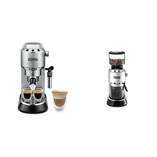 De'Longhi Dedica Style EC 685.M & KG 521.M im Set – Espresso Siebträgermaschine und elektrische Kaffeemühle, Espressomaschine mit Milchaufschäumer, Kaffeebohnen-Mühle mit LCD Display, silber