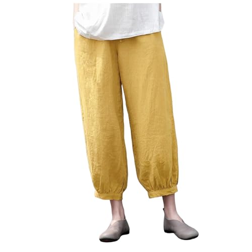 Sommer Hosen Damen Locker Elegant Tasche elastische atmungsaktive Hose lose Taille Hose Damen Hose JJogginghose Damen Länge Glänzend - Freizeithose Outdoor Leggings Damen (Yellow, M)