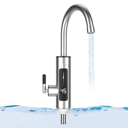 Wasserhahn mit Durchlauferhitzer, Edelstahl Elektrischer Durchlauferhitzer Wasserhahn mit 360 ° Drehbarer und LED Temperaturanzeige für Camping, Garten, Küche, Bad(220V 3000W, EU Stecker)