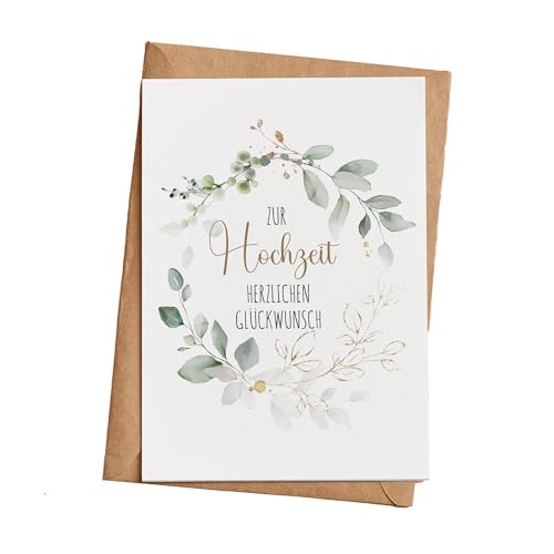 Glückwunschkarte zur Hochzeit mit Umschlag aus Kraftpapier. Hochzeitskarte Grußkarte Vermählung Just Married Wedding Motiv Eukaliptus (KT_039-1)