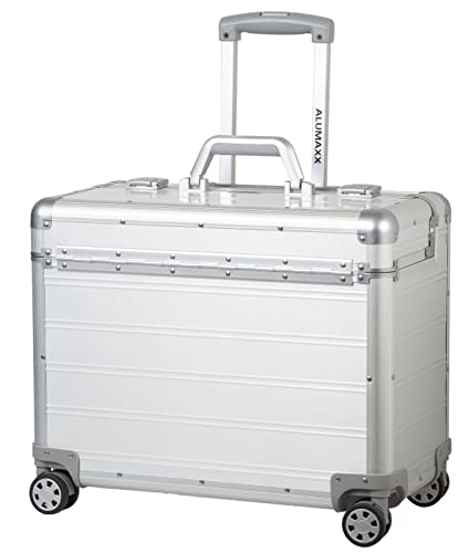 ALUMAXX 45168 Pilotenkoffer Pandora, Trolley Aluminium, Piloten Rollkoffer Alu, Businesstrolley, Aktenkoffer, Alutrolley Höhe 103 cm, Silber Matt, Aluminiumtrolley mit 4X 360° Rollen, 47 x 36 x 25 cm