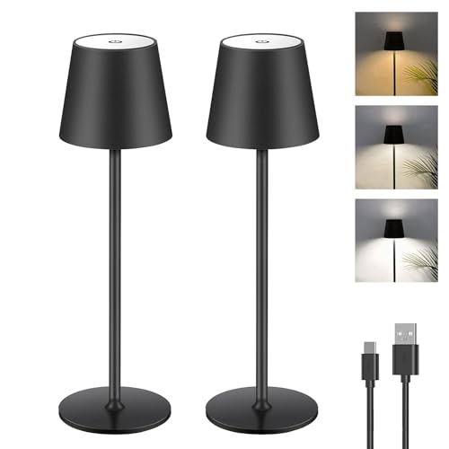 2 Stück Dimmbare LED Akku Tischlampe, Touch Kabellose Tischleuchte mit USB-C, Metall LED Wiederaufladbar Akku Tischlampe für Outdoor und Indoor, Aluminium, IP44 Wasserdicht, 5600mAh, 5W, Schwarz