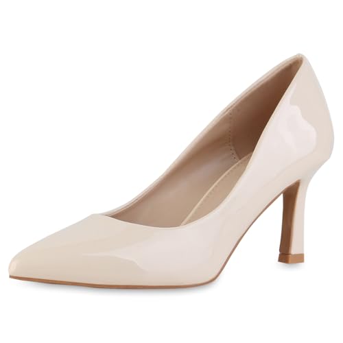 VAN HILL Damen Spitze Pumps Stiletto Lack Klassisch Schuhe 216476 Beige Lack 37