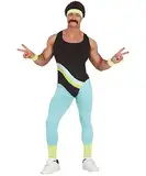 80er Jahre Neon Gymnastik-Jumpsuit Workout Herren-Kostüm Aerobic-Anzug Trash Bad Taste Sport Work Out, Größe:L