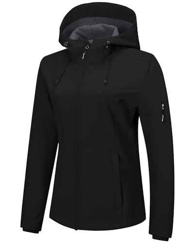 Outdoor Ventures Sportjacke Damen Wasserdichte Atmungsaktiv Softshelljacke - Übergangsjacke Winddichte Regenjacke Funktionsjacke mit Kapuze Schwarz 2XL