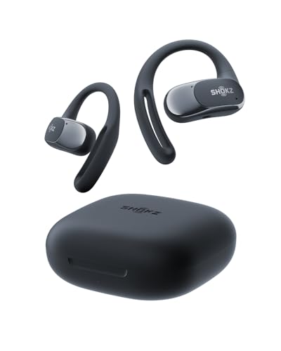 SHOKZ OpenFit Air Open-Ear-Kopfhörer, True Wireless Bluetooth-Ohrhörer mit Mikrofon, Ohrhörer mit Air-Ohrbügel, Schnellaufladung, 28h Wiedergabe, wasserdicht IP54 fürs Training, Tragetasche, Schwarz