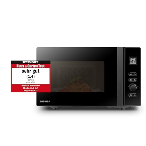 Toshiba MV-AM20T(BK) Mikrowelle/Solo-Mikrowelle/ 20 L/ 800 W/ 5 Leistungsstufen/ 12 Automatikprogramme/Emaille Innenraum/einfach zu reinigen/Auftaufunktion/Glasdrehteller (24,5 cm) /Schwarz