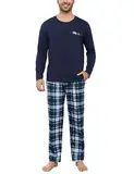 Irdcomps Schlafanzug Herren Lang Baumwolle Pyjama für Winter Schlafanzüge mit Henley Schlafanzug-Set Pyjamas mit Kontrastfarben A#Blau-Weiß L