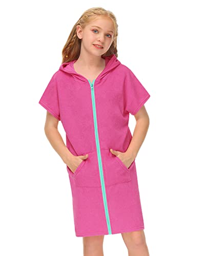 BesserBay Mädchen Badeponcho Kinder Unisex Badeponcho Rosa Reißverschluss Seitentaschen mit Kapuze Surf Poncho 120