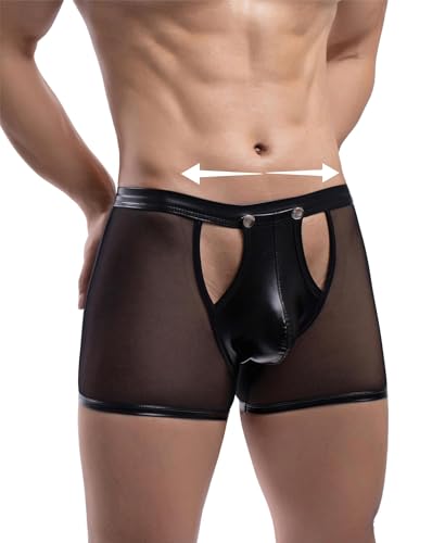 comeondear Sexy Boxershorts für Männer Latex Slip Herren Große Größen Retroshorts Transparent Mesh Kunstleder Erotische Unterwäsche Ouvert Wetlook Unterhosen mit Knöpfe Dessous Reizwäsche(Schwarz,M)