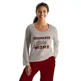 United Labels Harry Potter Schlafanzug für Damen lang, Beige Rot, Hogwarts is My Home, M, Pyjama Set aus Langarmshirt und Hose, Frauen Schlafanzug