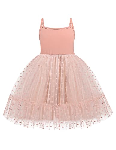 Arshiner Kleider für Mädchen Rosa Strapskleid mit Tüll Kleinkind Festlicheskleid Punkte Prinzessinkleid Party Geburtstags Hochzeit Sommerkleid Kinder Baumwollkleid 5-6 Jahre