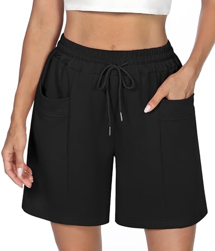 Demegimi Shorts Damen Bermuda Kurze Sporthose Knielang Sweatshorts Sommer Sport Shorts High Waist Lässig Kurz Hosen Baumwolle mit Taschen
