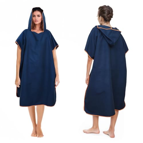 Badeponcho Damen& Herren,Poncho Handtuch,Mikrofaser-Surf Poncho,Lang Umkleidehilfe mit Kapuze für Herren Damen, Ideal Handtuch zum Strand, Brandung, Surfen (Dunkelblau)