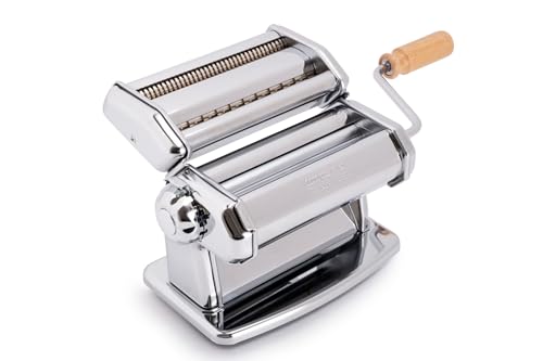 Imperia italienische Nudelmaschine mit zwei Klingen, Nudelmaschine für hausgemachte Pasta mit abnehmbarem Holzgriff, Silber